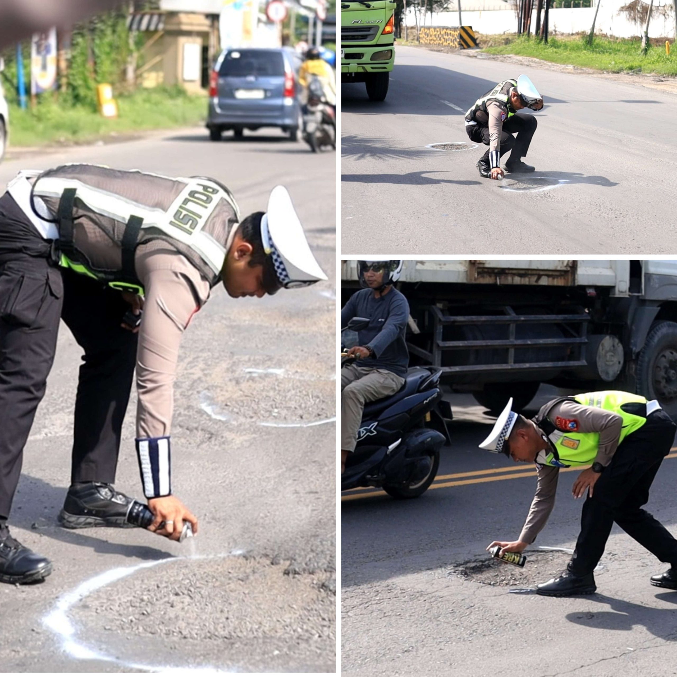 Jelang Nataru, Polres Gresik Tandai Jalan Berlubang di Raya Deandles Demi Keselamatan Pengendara