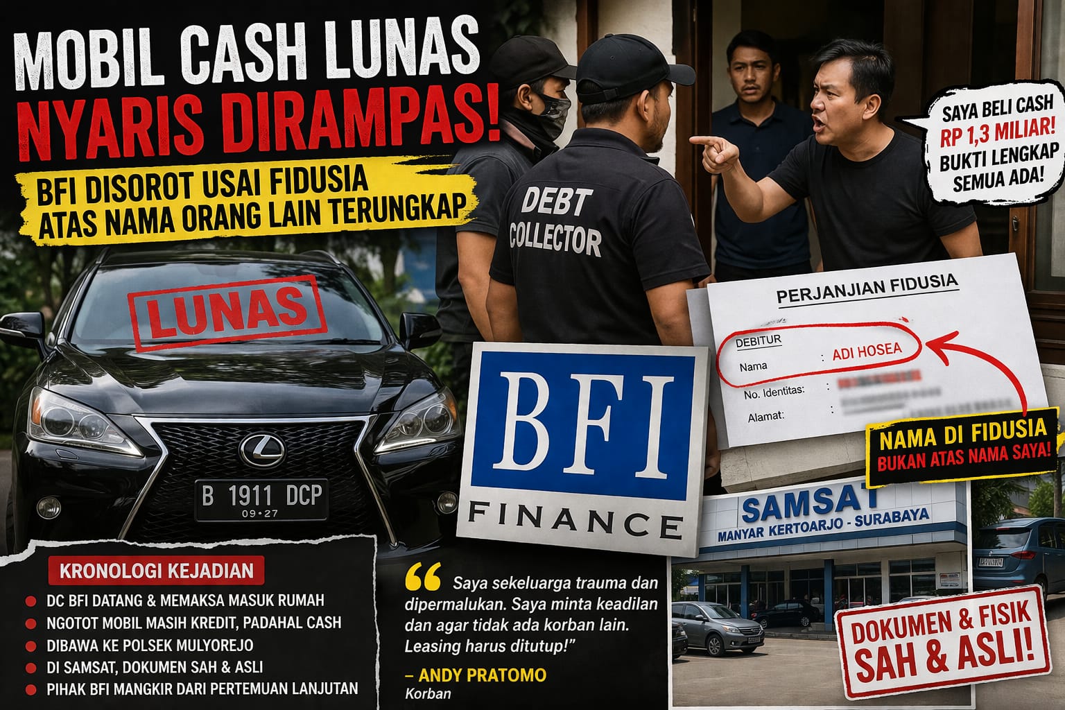 BFI Dilaporkan Polisi, Mobil Lunas Nyaris Dirampas, Fidusia Atas Nama Orang Lain Terbongkar