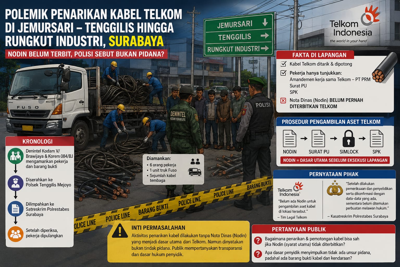 Polrestabes Surabaya Lepas Terduga Pelaku Penarikan Kabel Telkom, Padahal Nodin Disebut Tak Pernah Ada